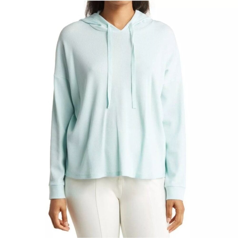Eileen Fisher Womens XL Cozy Waffle Knit Hooded Top Boxy Fit Pullover Mint